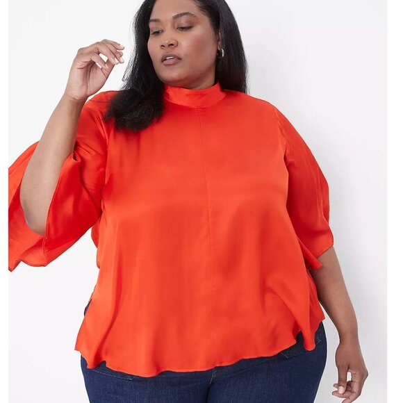 NEW Lane‎ Bryant Women Blouse 18 Red Relaxed Flutter-Sleeve Mock-Neck Top Satin - Picture 14 of 16